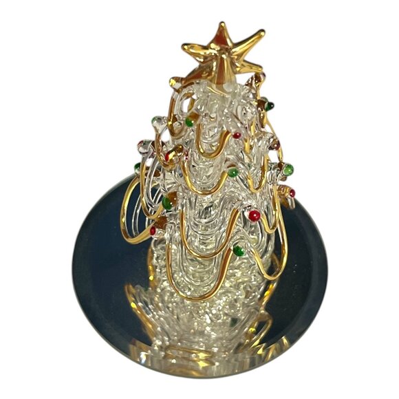 Vintage Spun Glass Christmas Tree Figurine – 24K Gold-Plated Accents – Mirrored - Picture 2 of 7